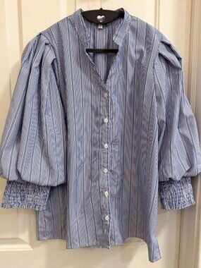 Joh. Blue & White Striped Puff Sleeve Smocked Cuff Blouse M